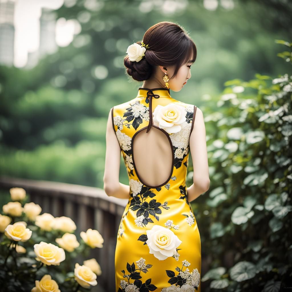 Elegant Model in Yellow Cheongsam with Rose