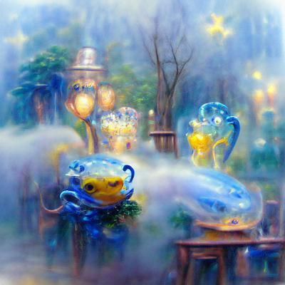 Yellow frogg in blue teacupp made tea for wizard frenn