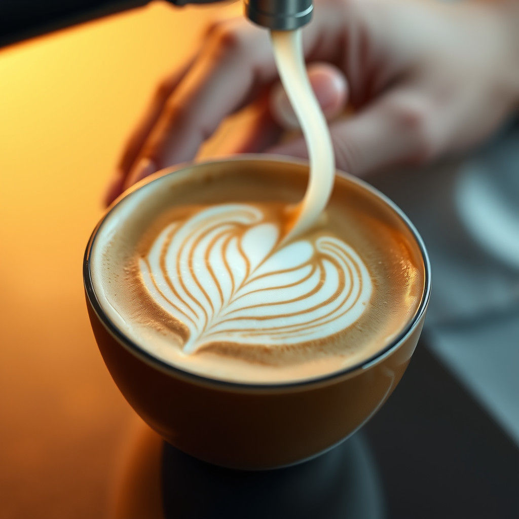 A close-up of a latte with a detailed heart or leaf design f...