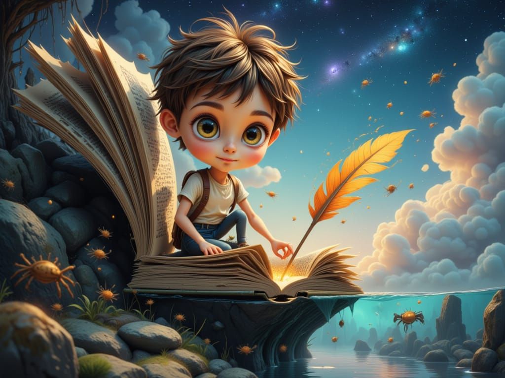 <lora:Shyvibes:1.0> close up of  a lone boy with tousled hair and a curious expression, sitting on the edge of a colossal, ancient book,the ...