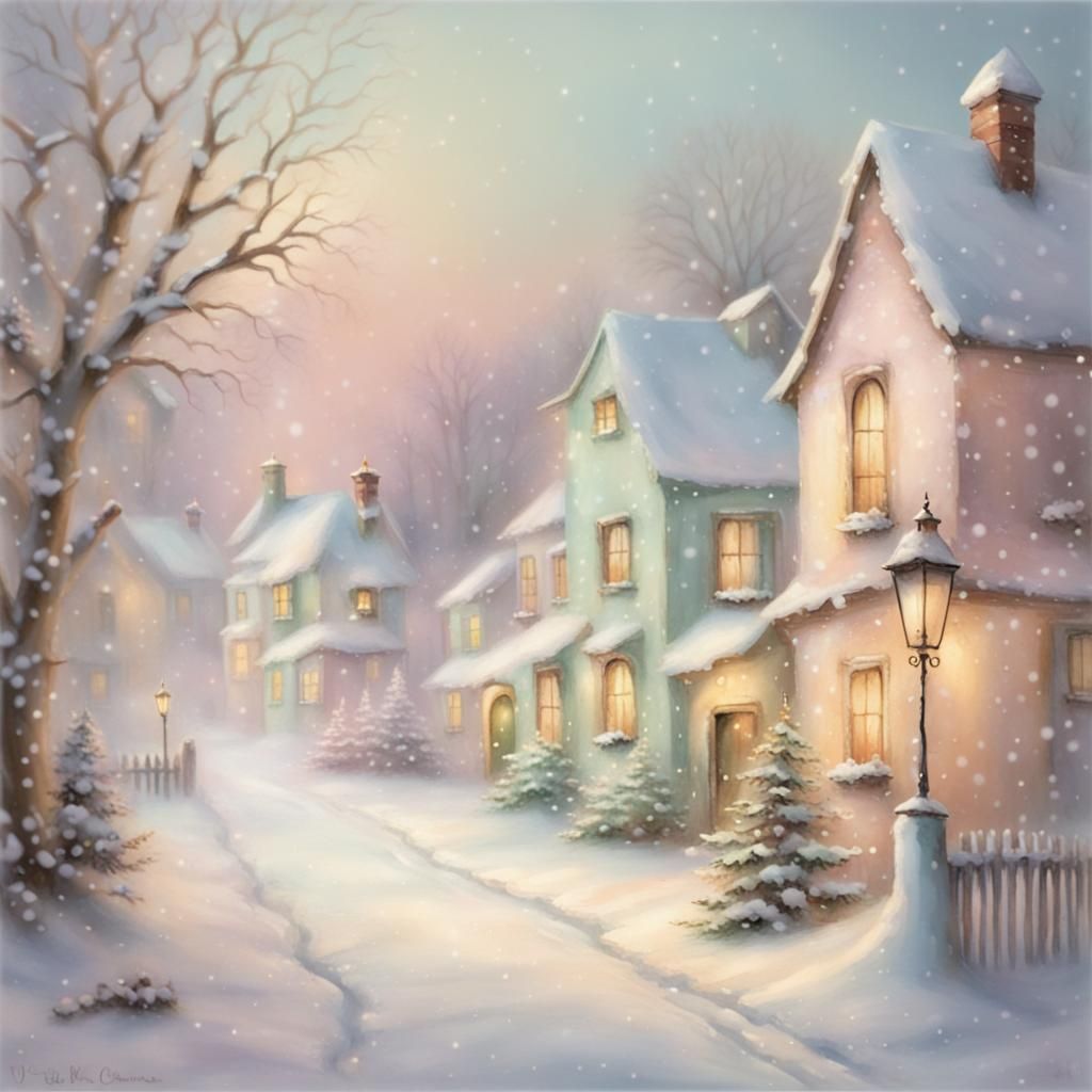 Pastel colors village in wintertime  by @Marlu