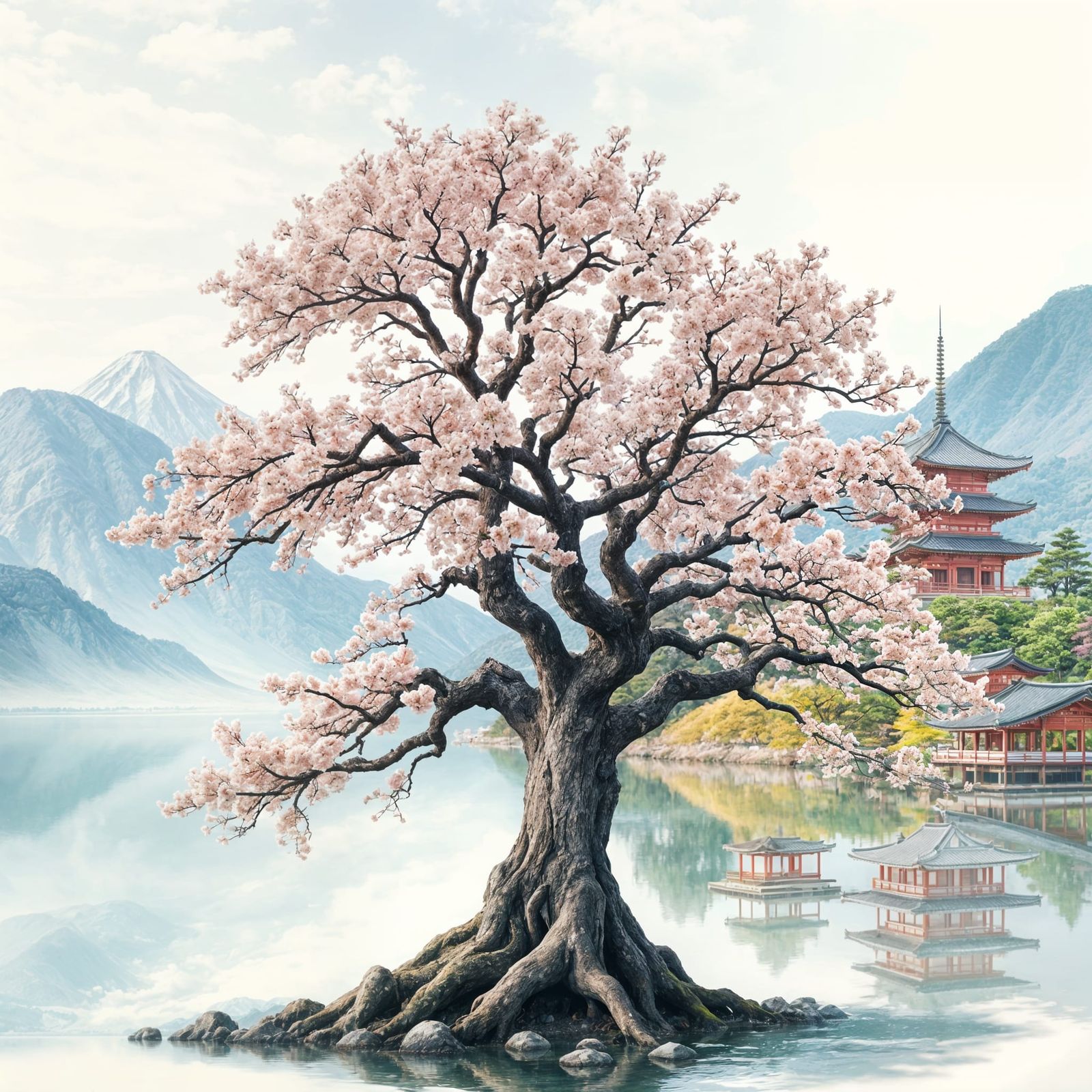 Ancient Sakura Tree with Japanese Temples