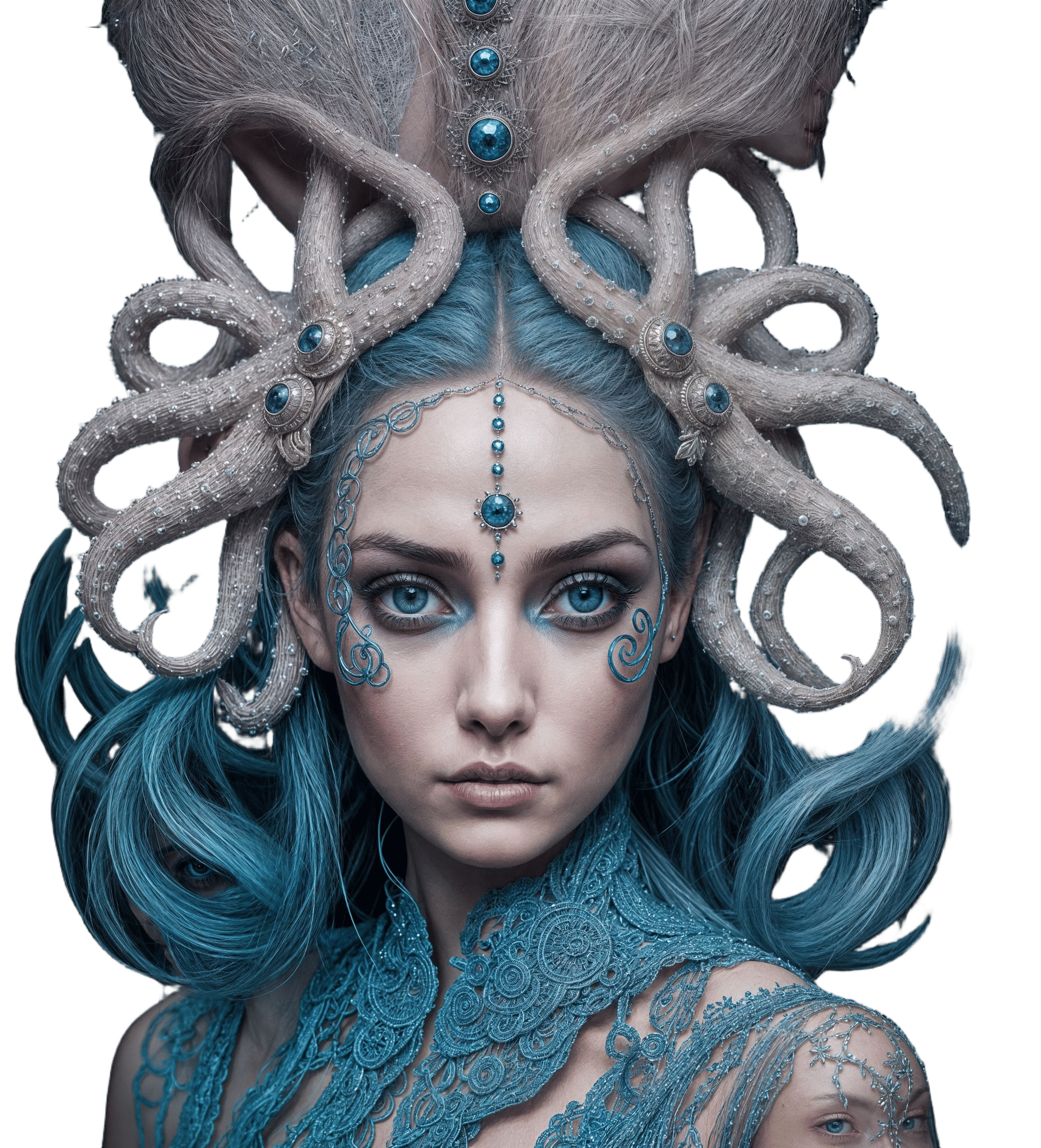 Create a surreal and captivating portrait featuring a female model with a unique, ethereal appearance. She has a fair skin tone and long, st...