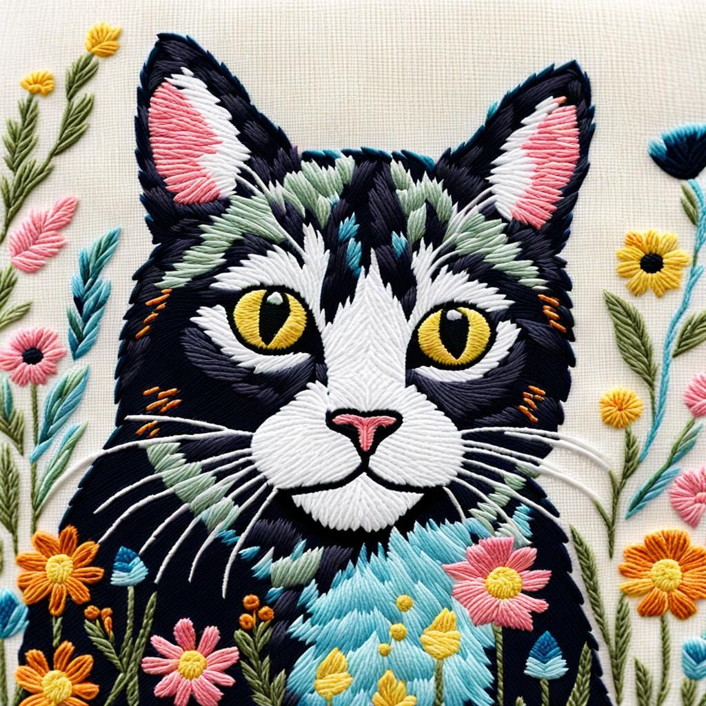 A hand-embroidered Cat in Wildflowers detail stitching with ...