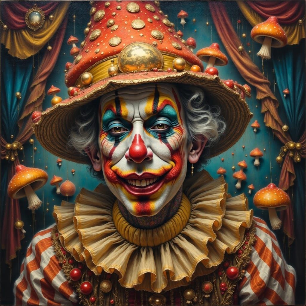 Mushroom Circus Clown in Detailed Oil Painting