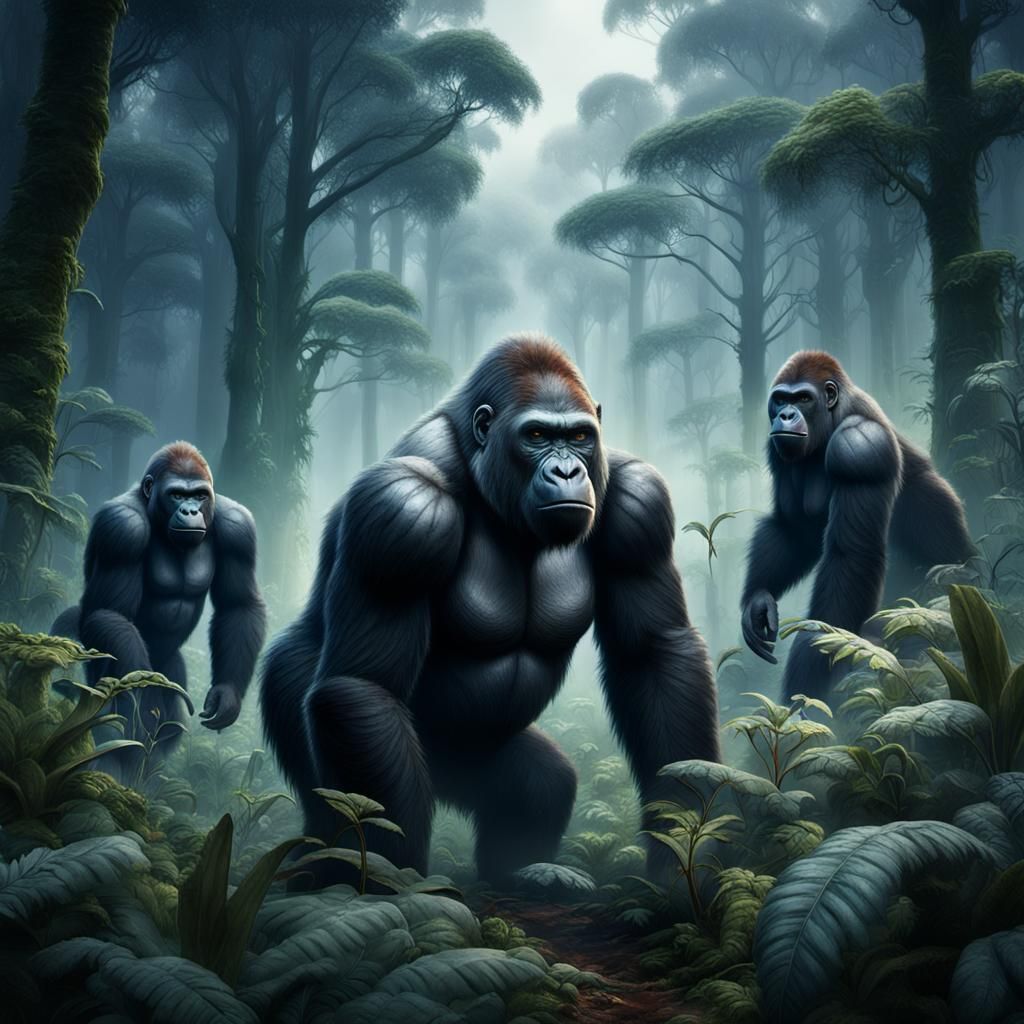 Gorillas in the misty forest