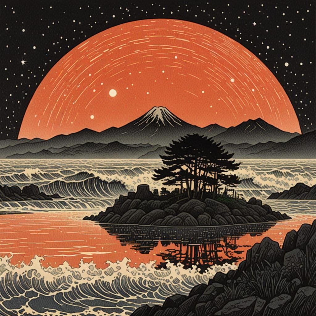 black island By kawase hasui and Chris mars   by @IMO