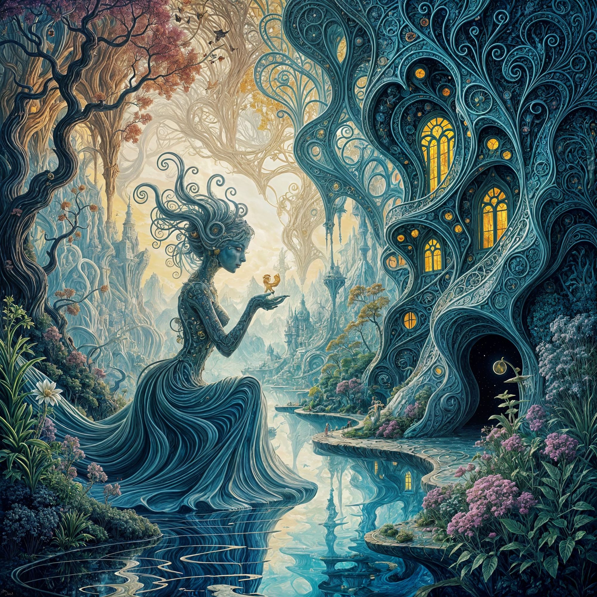 A whimsical, fantasy creature made of pure light and shadow, interacting with a surreal, Salvador Dalí-inspired landscape. The scene is a vi...