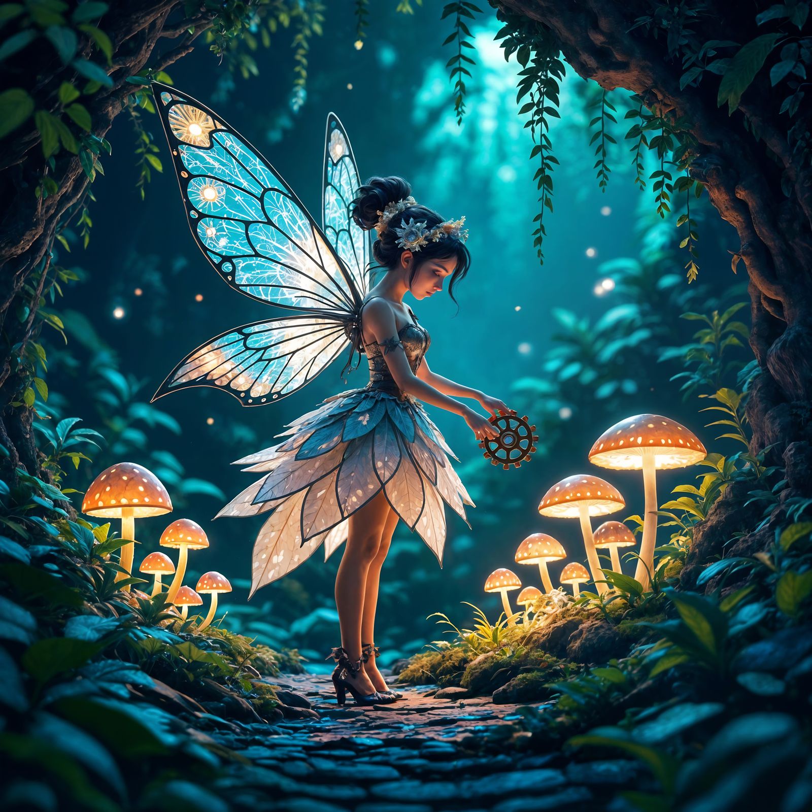 A digital artwork of a Clockwork Fairy, with gears and springs for wings, tending to a garden of bioluminescent ...  by @MARIUS CHIVU