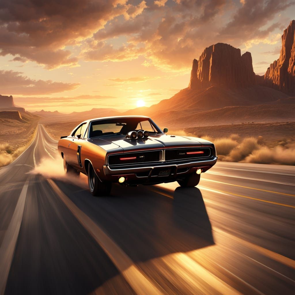 dodge charger classic muscle car racing down an empty road with sunset in the background  by @Merumeru Meru