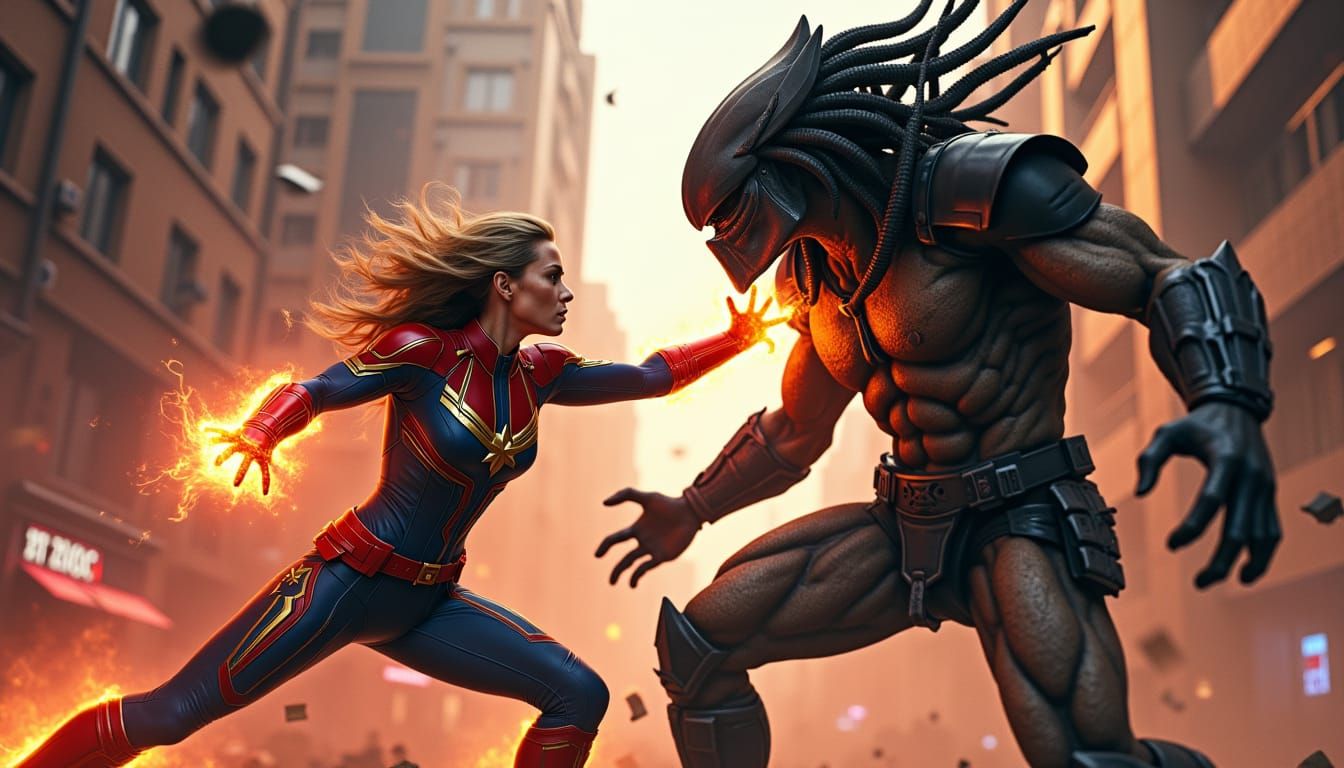 Captain Marvel about to light up a Predator