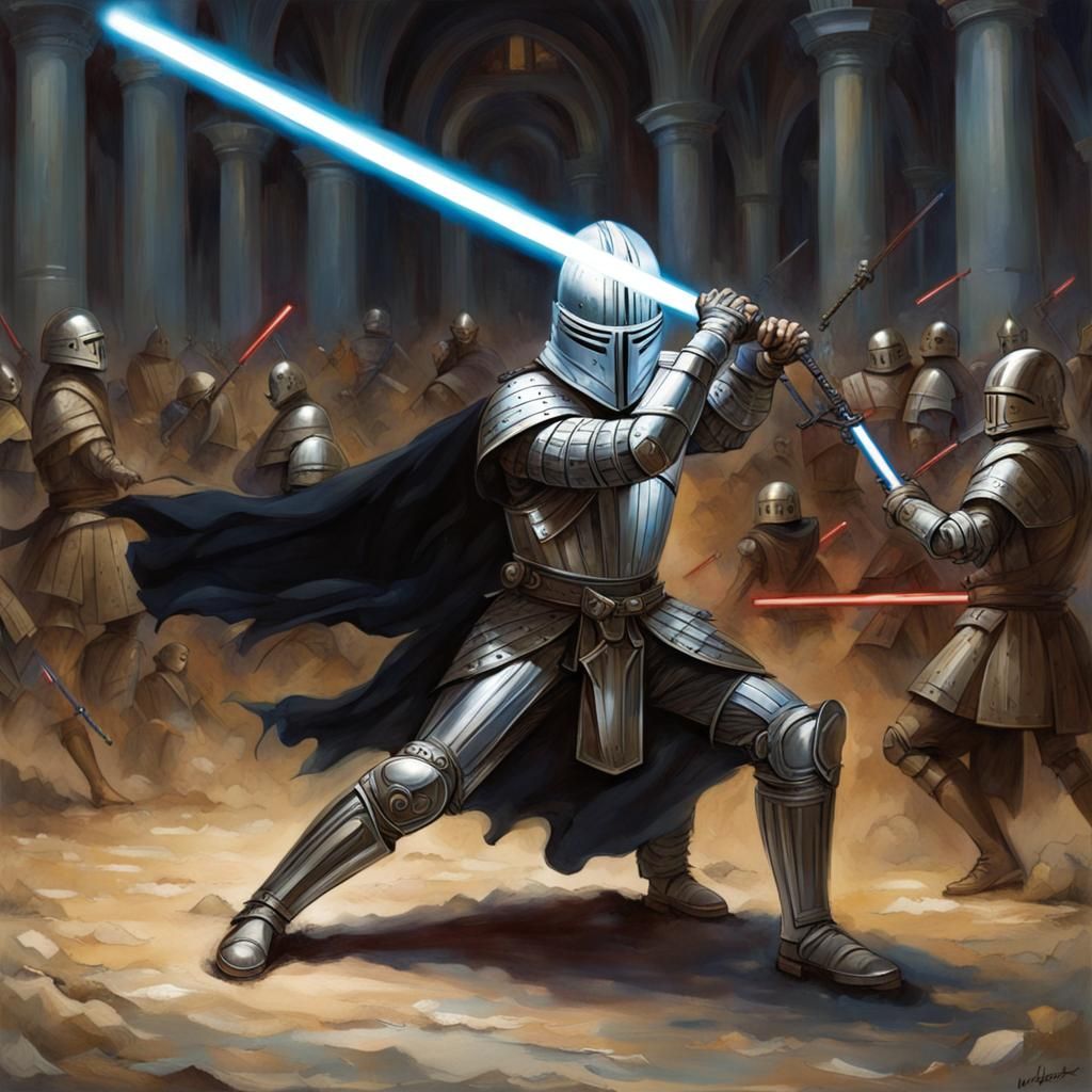 knight of the round table with light saber, in battle  by @Si White