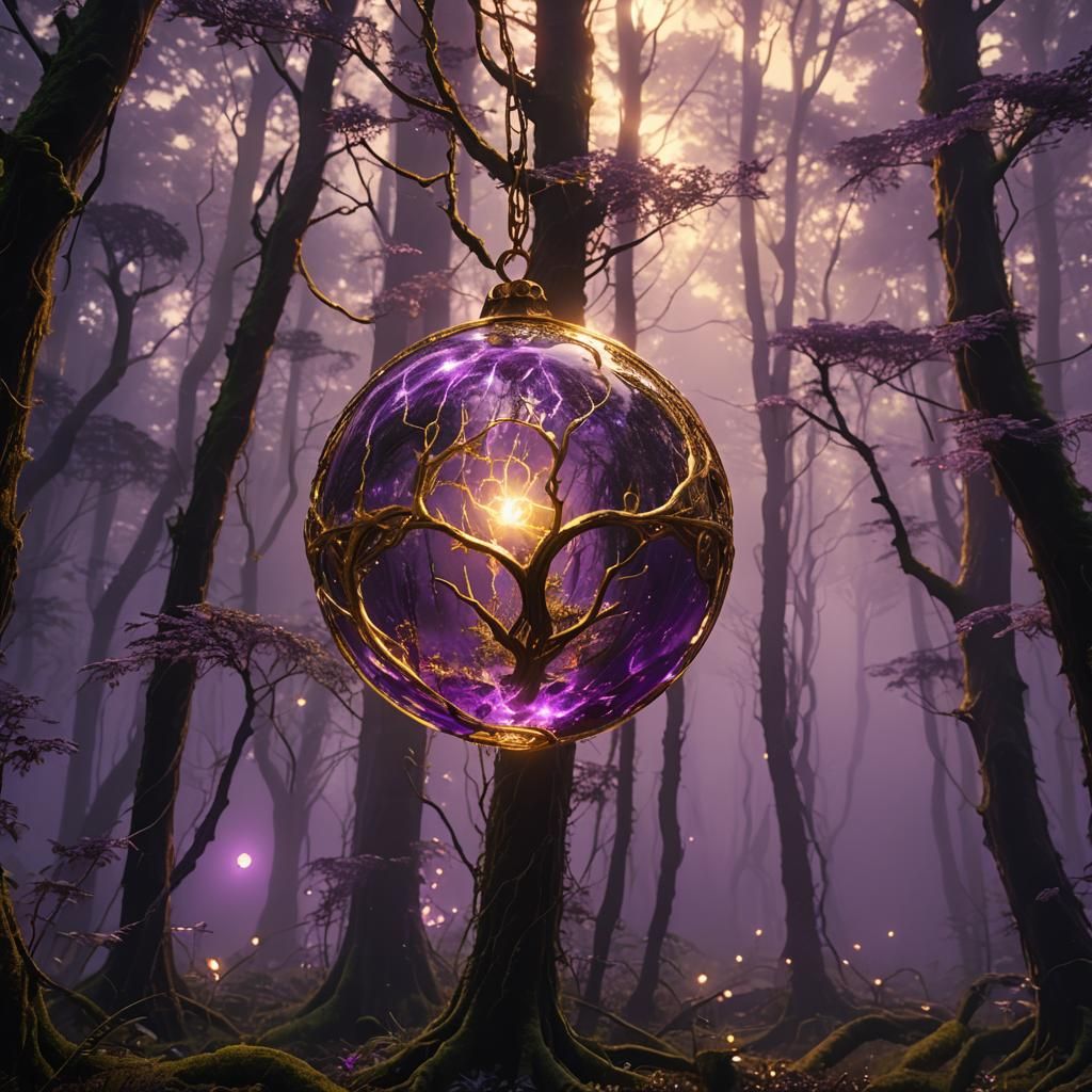 Luminous Golden Purple Orb in Misty Forest