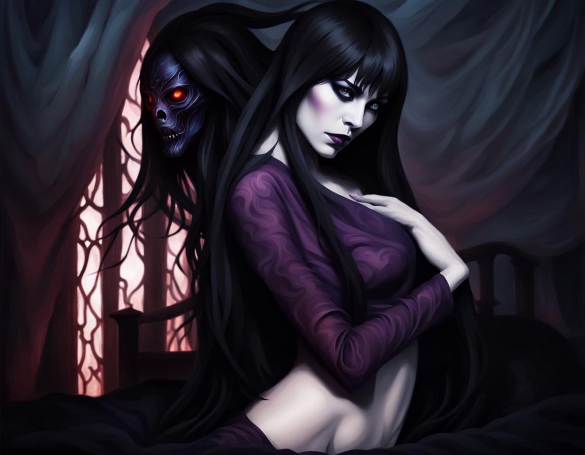 An eerie dreadful spooky sleep paralysis evil Demon woman in our reality real life eldritch dreadful following female long haired creature e...