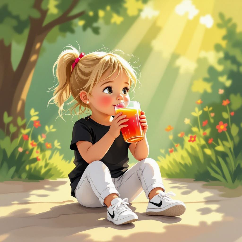 Girl Drinking Juice in Children's Book Illustration Style