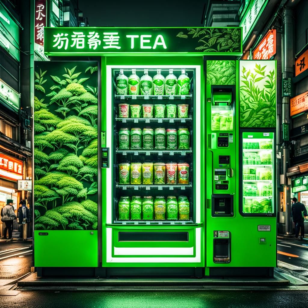 Green vending machine with green tea inside in the city of Tokyo in