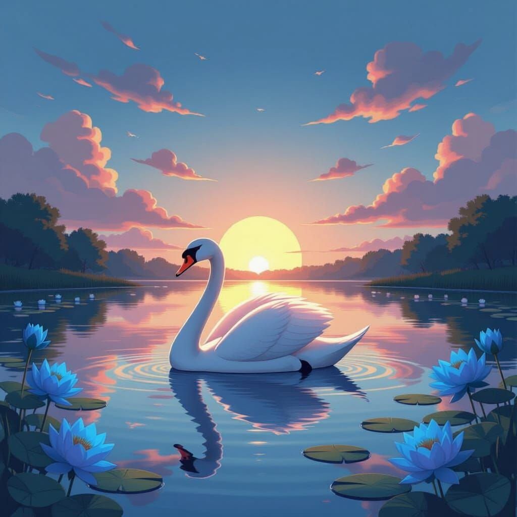 um cisne em um lago, com flores de lotus azul, por do sol