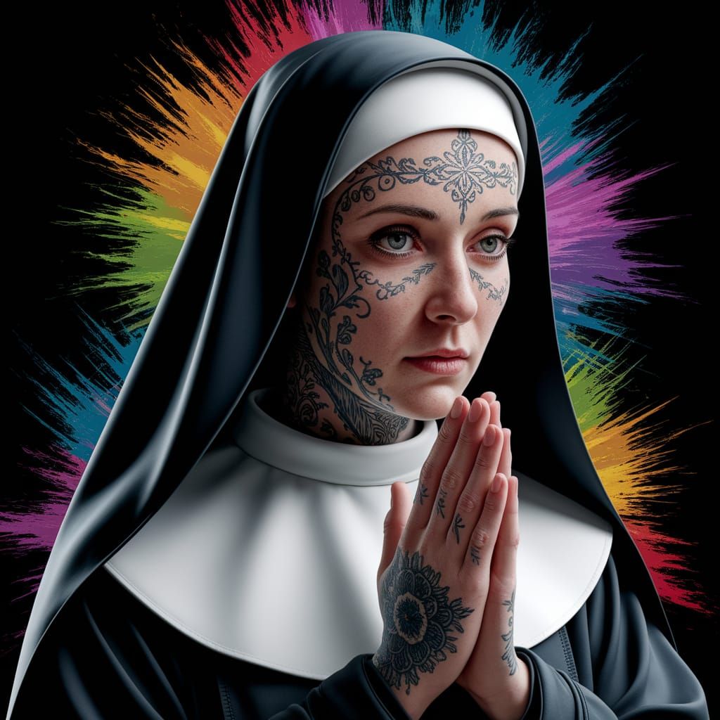 PRAYING NUN, FACE TATTOOS. - Praying Nun with Face Tattoos:...