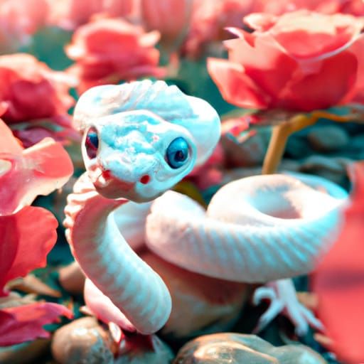 cute white baby rattlesnake with big blue eyes in a rose field AI Generated Artwork