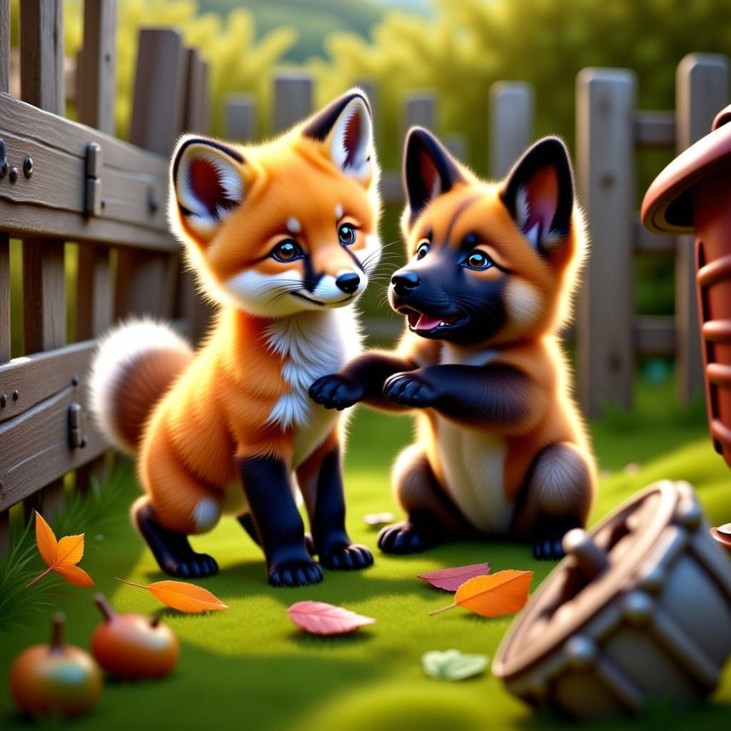 Baby Fox Cub plays with Bloodhound Puppy joyfully by a fence in an old farm, hyperrealistic, hyperdetailed <lora:Real 3D Adorable:1.0> 