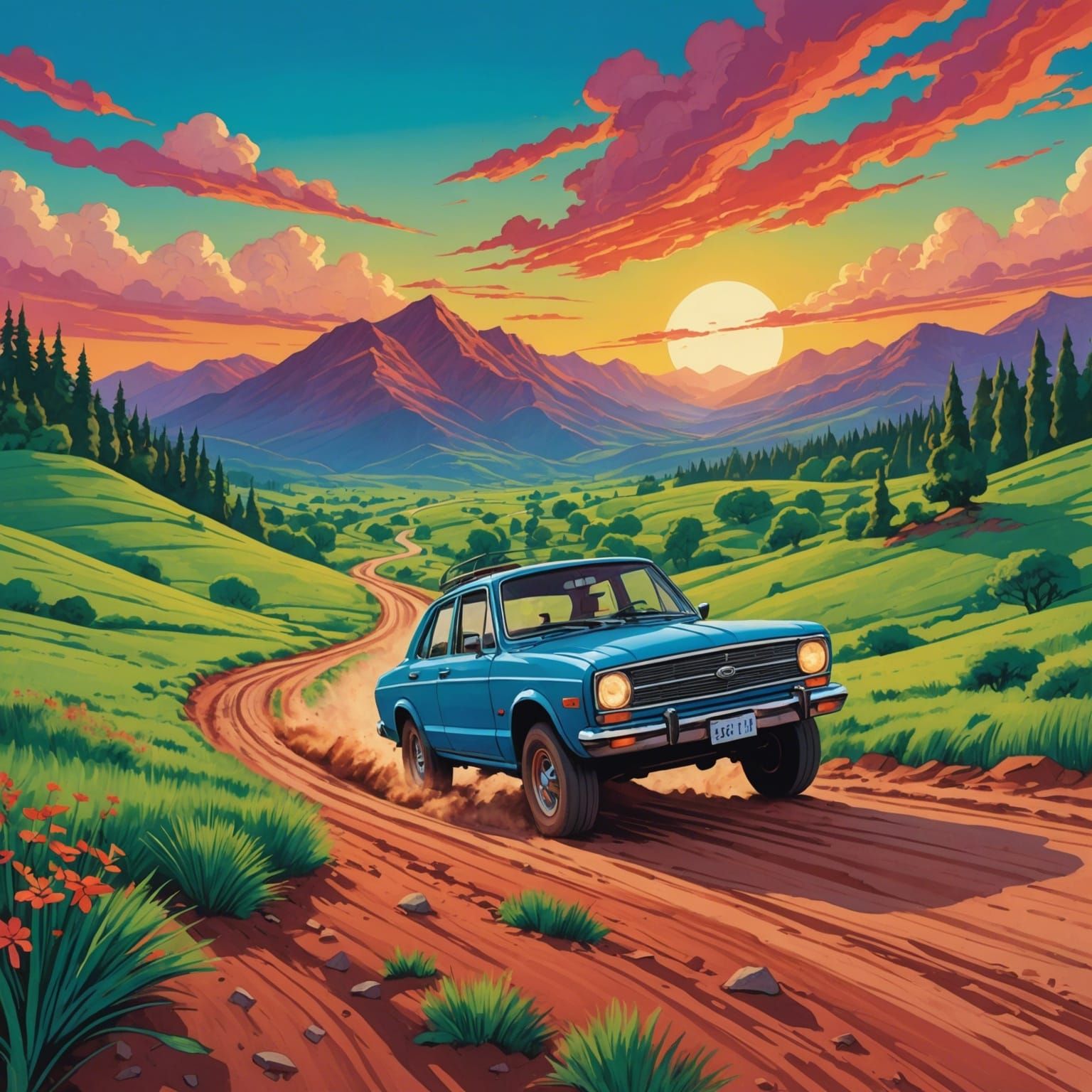 A vibrant and colorful illustration of a blue car driving on a dirt path amidst a lush green landscape. The car appears ...