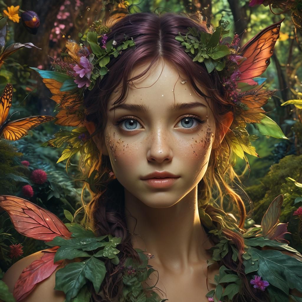 Capture the essence of a bright lush magical forest with a b...