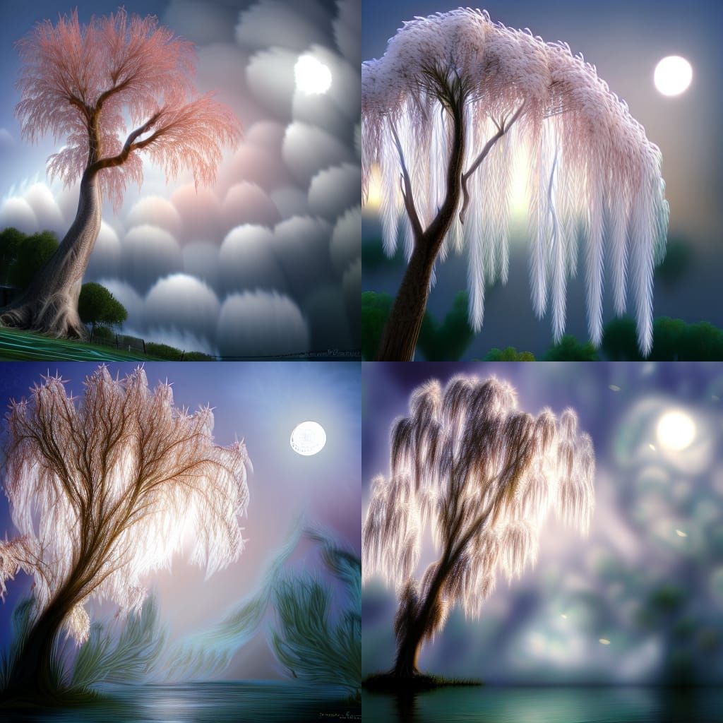 White weeping willow, whispy, hyper detailed branches, fract...