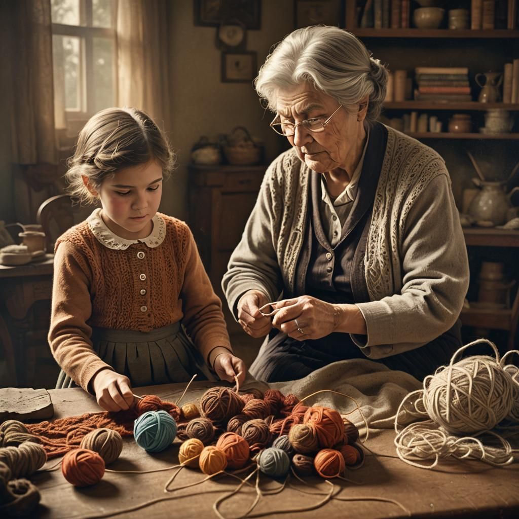 a grandmother teaches her granddaughter to knit Greg Rutkows...