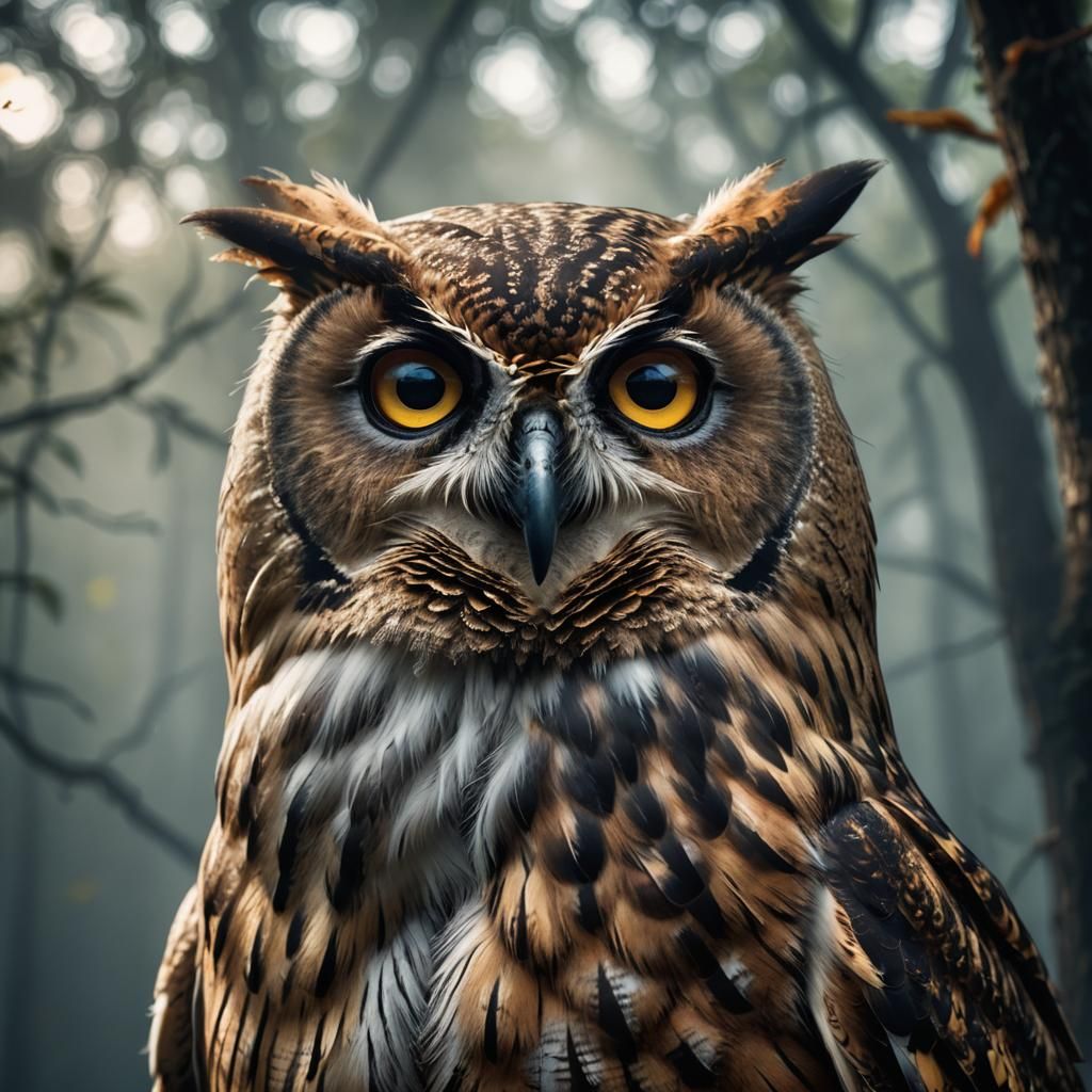 Wise Owl Gazing Skyward in Hyper-Realistic Portrait