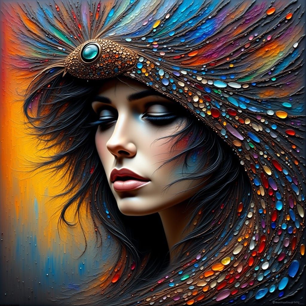 <lora:Pebble Art:1.2> A woman's enigmatic portrait, shrouded in an aura of mystique, her eyes cast downward, lips pursed in quiet contemplat...