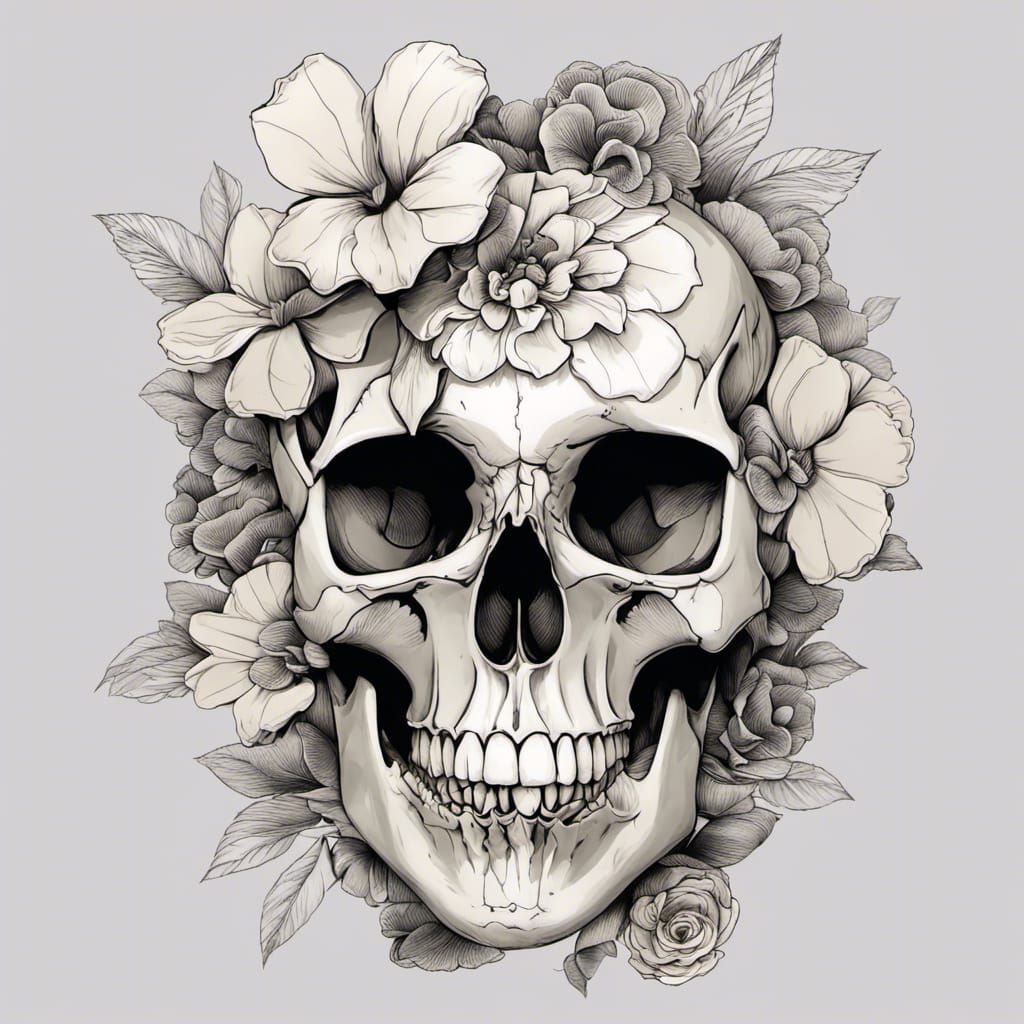 Flowery Skull Sketch Design