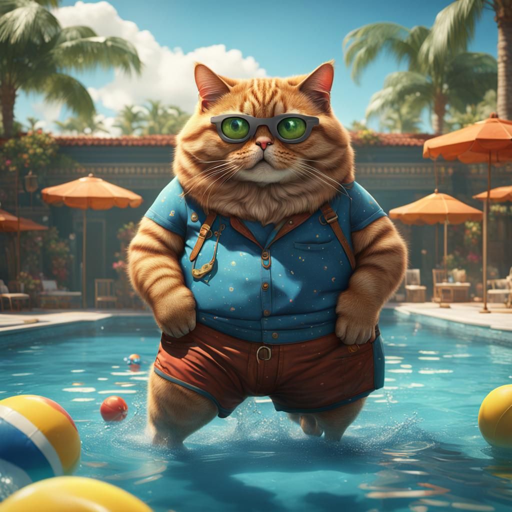 a fat cat in shorts at a pool