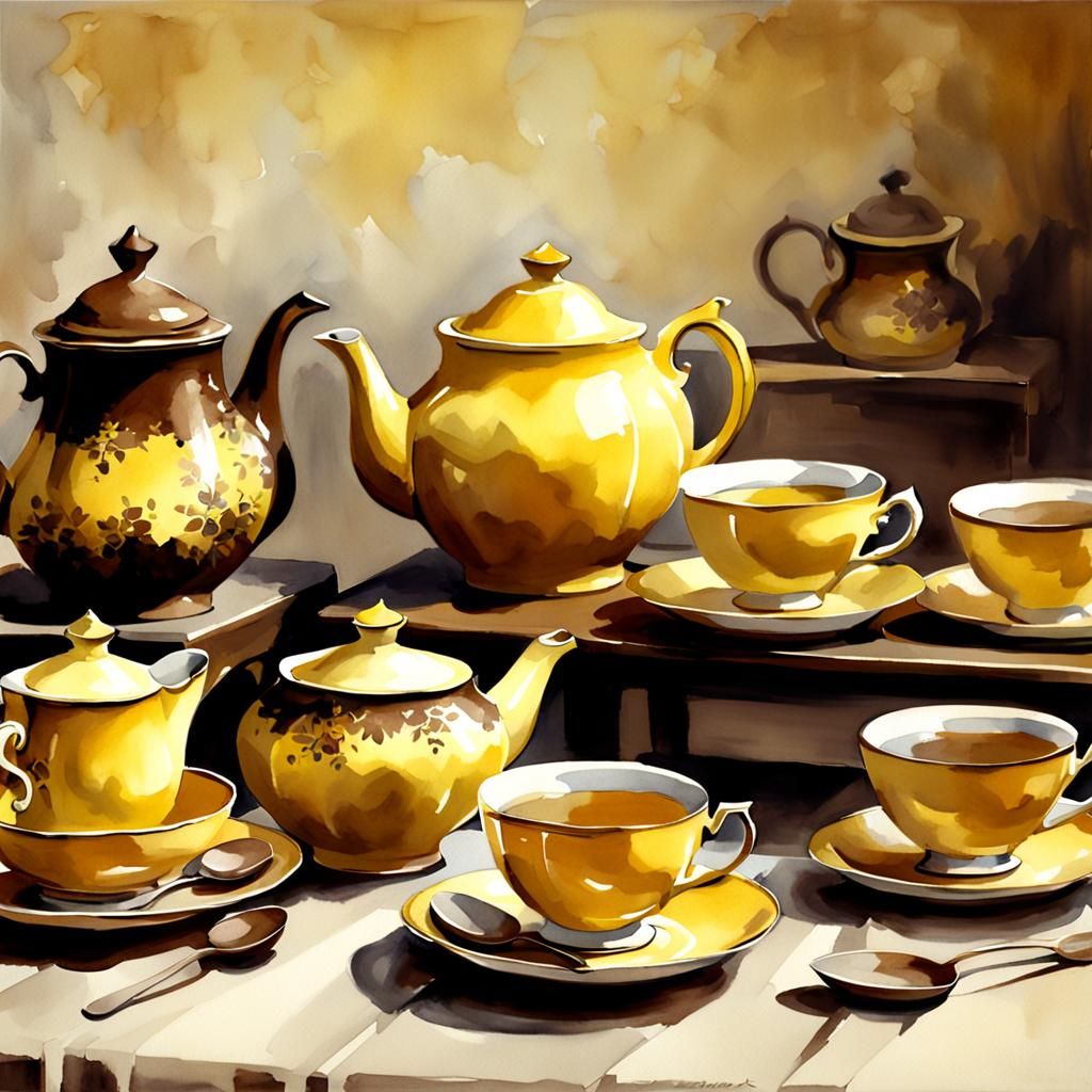 a yellow and brown tea set Guido Borelli watercolor soft foc...