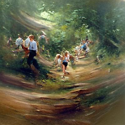 People running down a hilly path in the woods