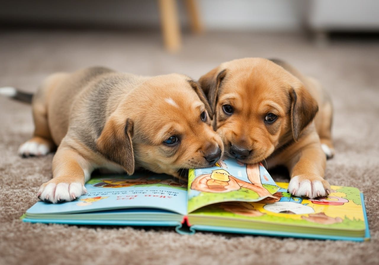 TWO puppies chewing on a toddler's book that's lying open on the floor, showing WORDS and colorful illustrations; ...  by @Purple_Cat