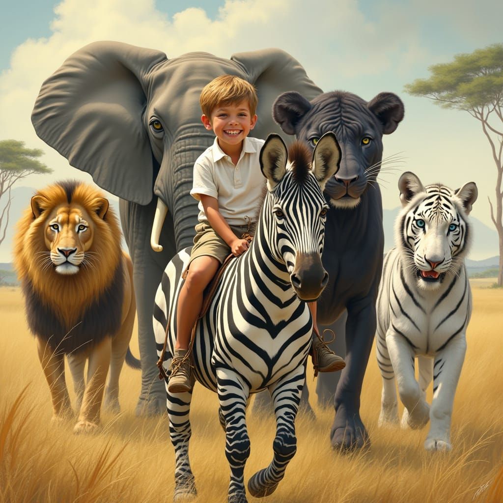 Young Boy Rides Majestic Zebra Through Whimsical Savannah La...