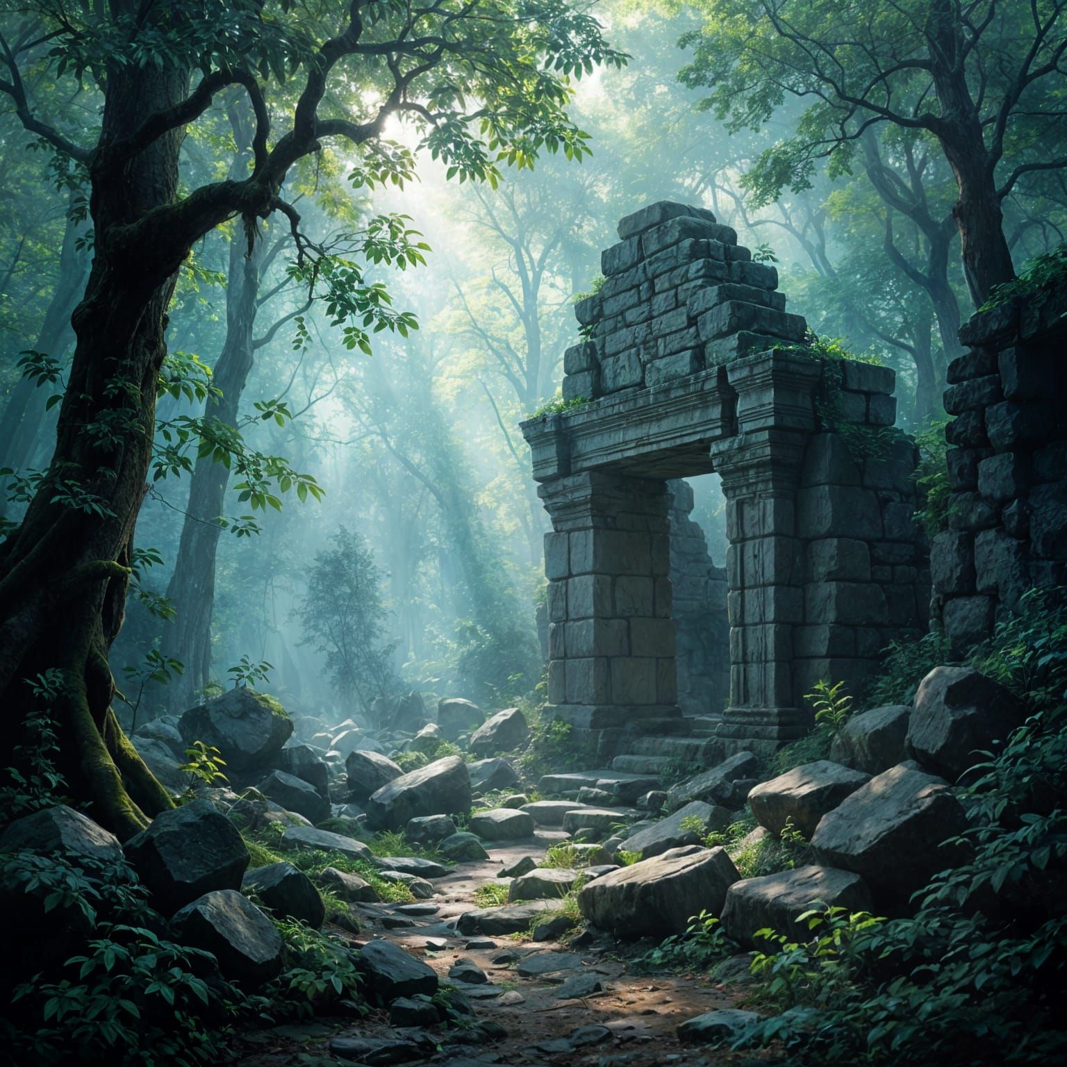 An ancient stone ruin, partially reclaimed by a dense, mist-shrouded forest. Sunlight filters through the canopy, illuminating dust motes da...