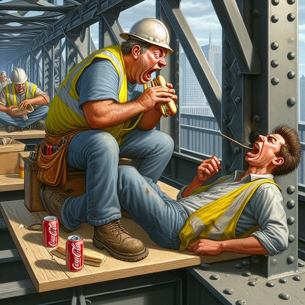 some moron jerk sitting on a steel girder eating a hoagie an...