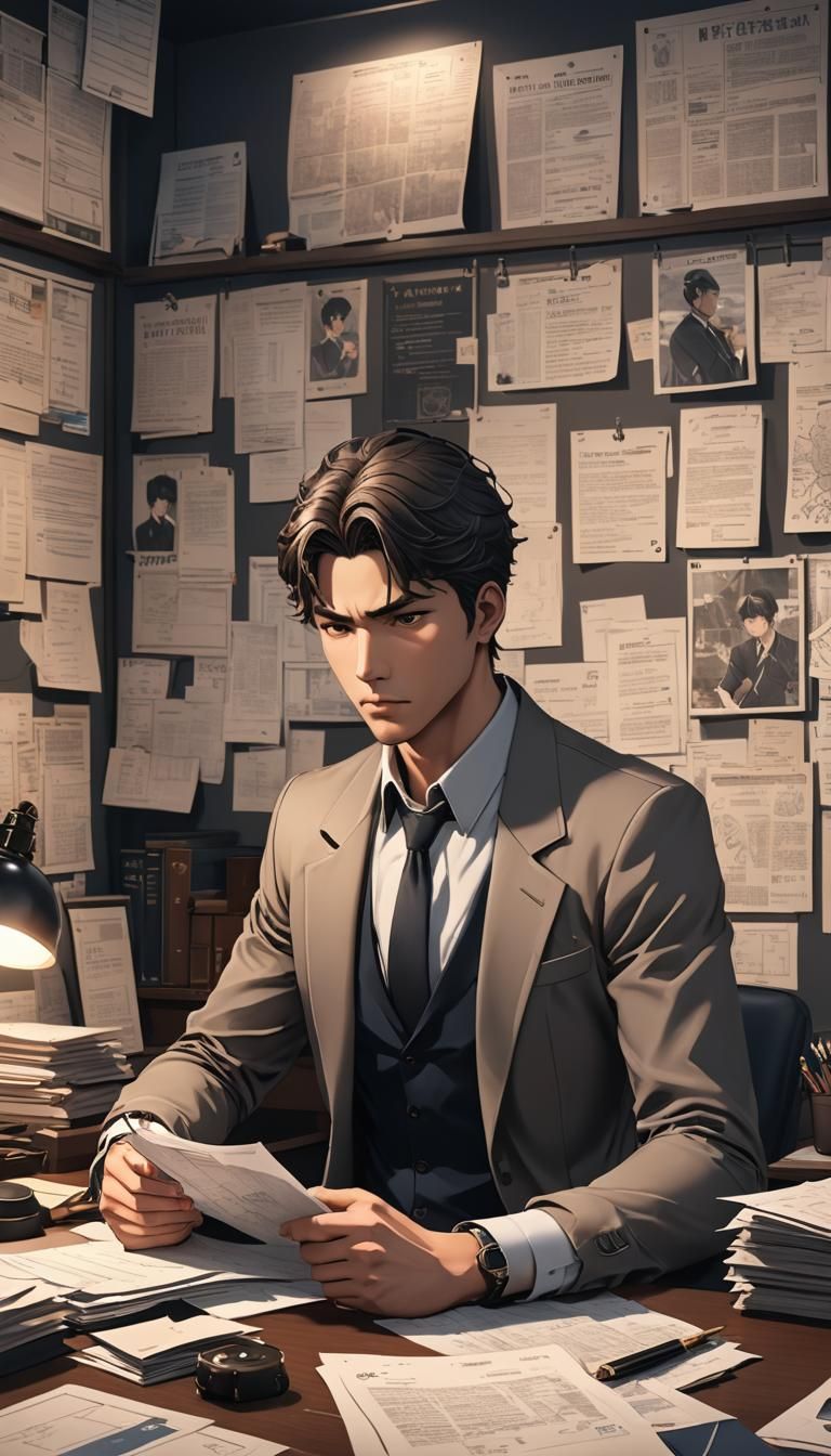a Handsome young detective working hard in the office with l...