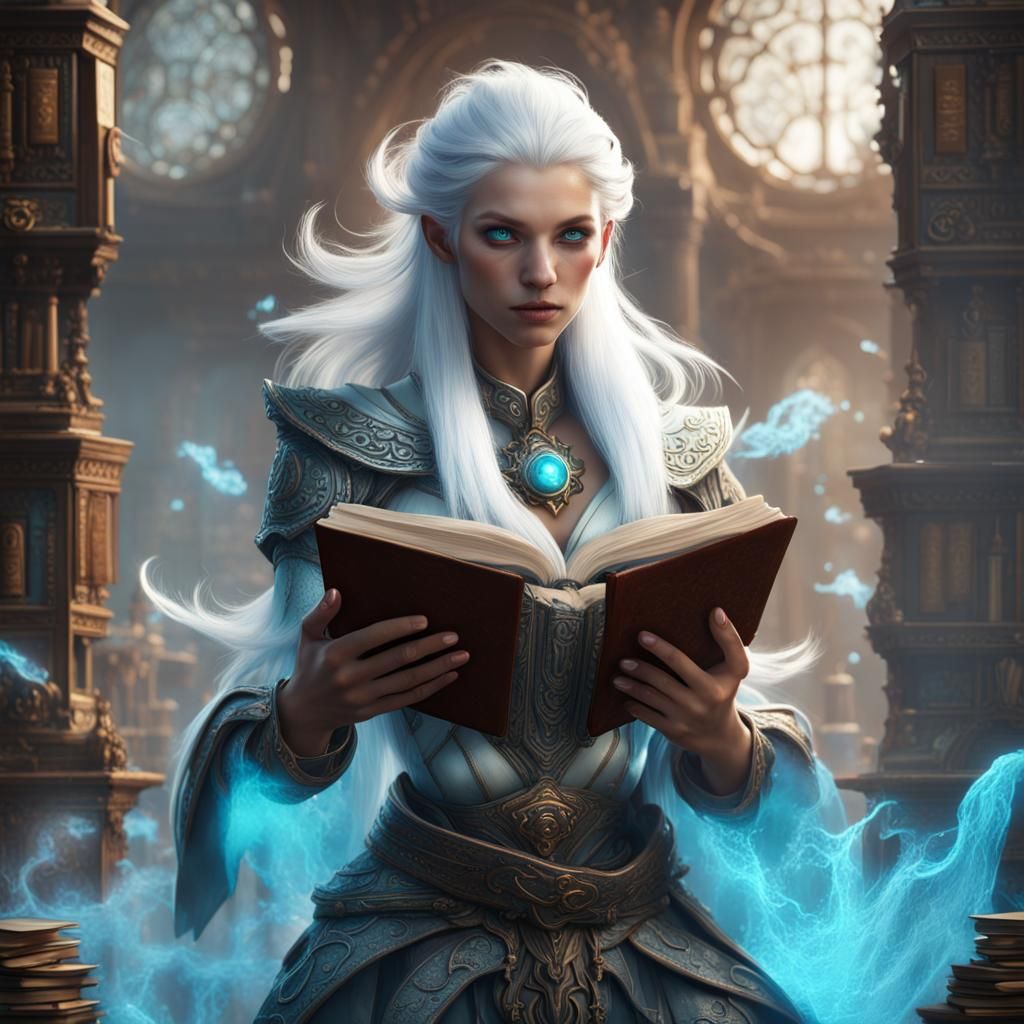 air genasi with white hair blue eyes and light aqua skin looking into a ...