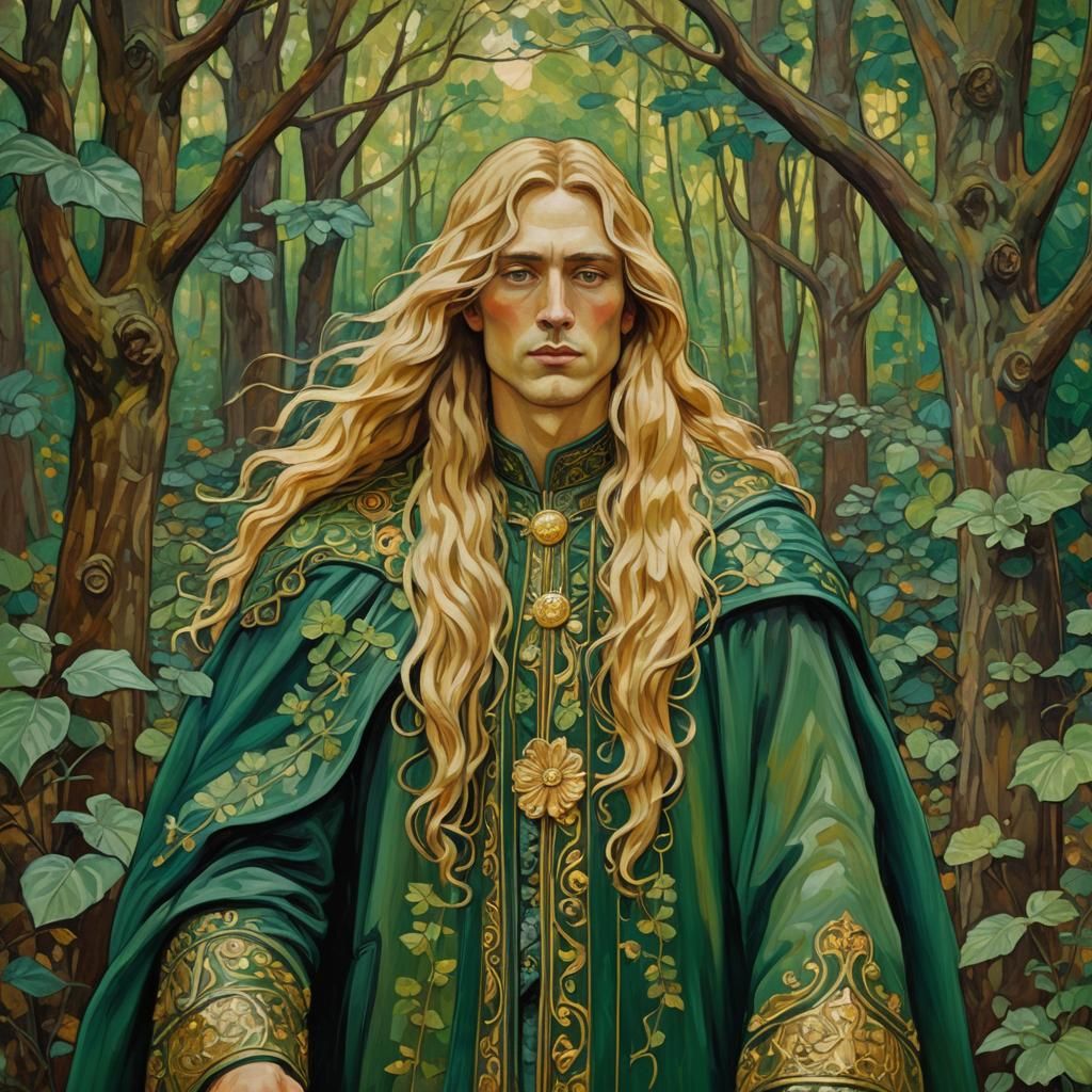 Golden-Haired Man in Forest, Art Nouveau Style