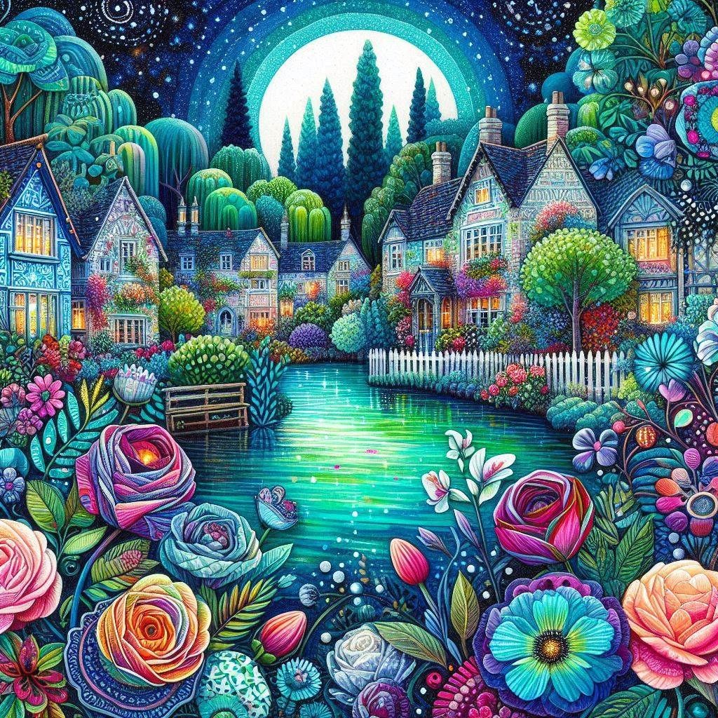 <lora:surreal world:1.0> Fantasy English Village, collage, bright marker and colored pencil, whimsical, moonlit sky, stars, bright flowers,...