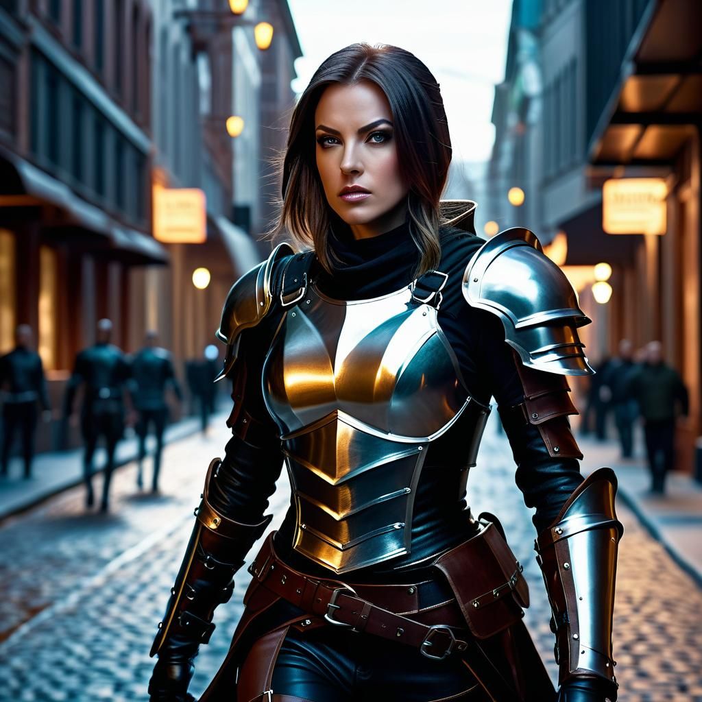 A beautiful female Rogue in leather armor stalks the city to...