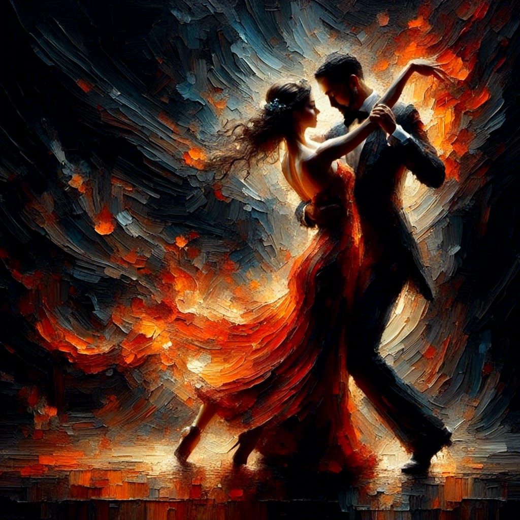 <lora:Chiaroscuro:1.0>A passionate couple dancing the tango with fire