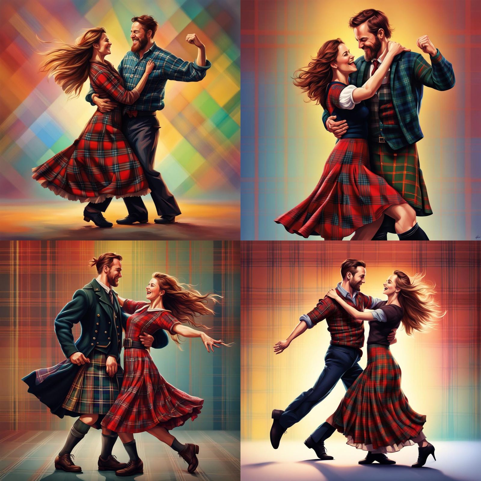 Happy Scottish couple dancing, wearing tartan plaid