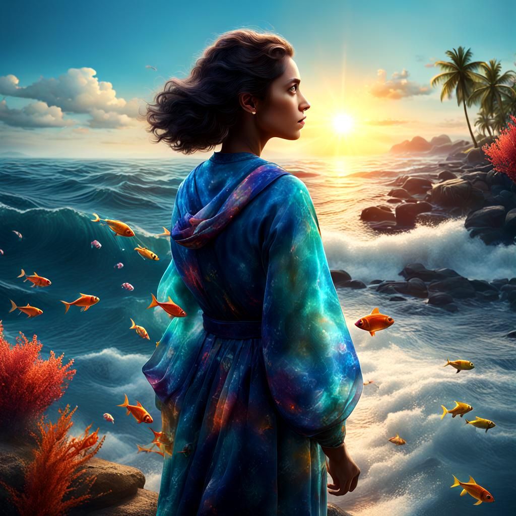 Hyper Realistic image of a women looking to the ocean with c...