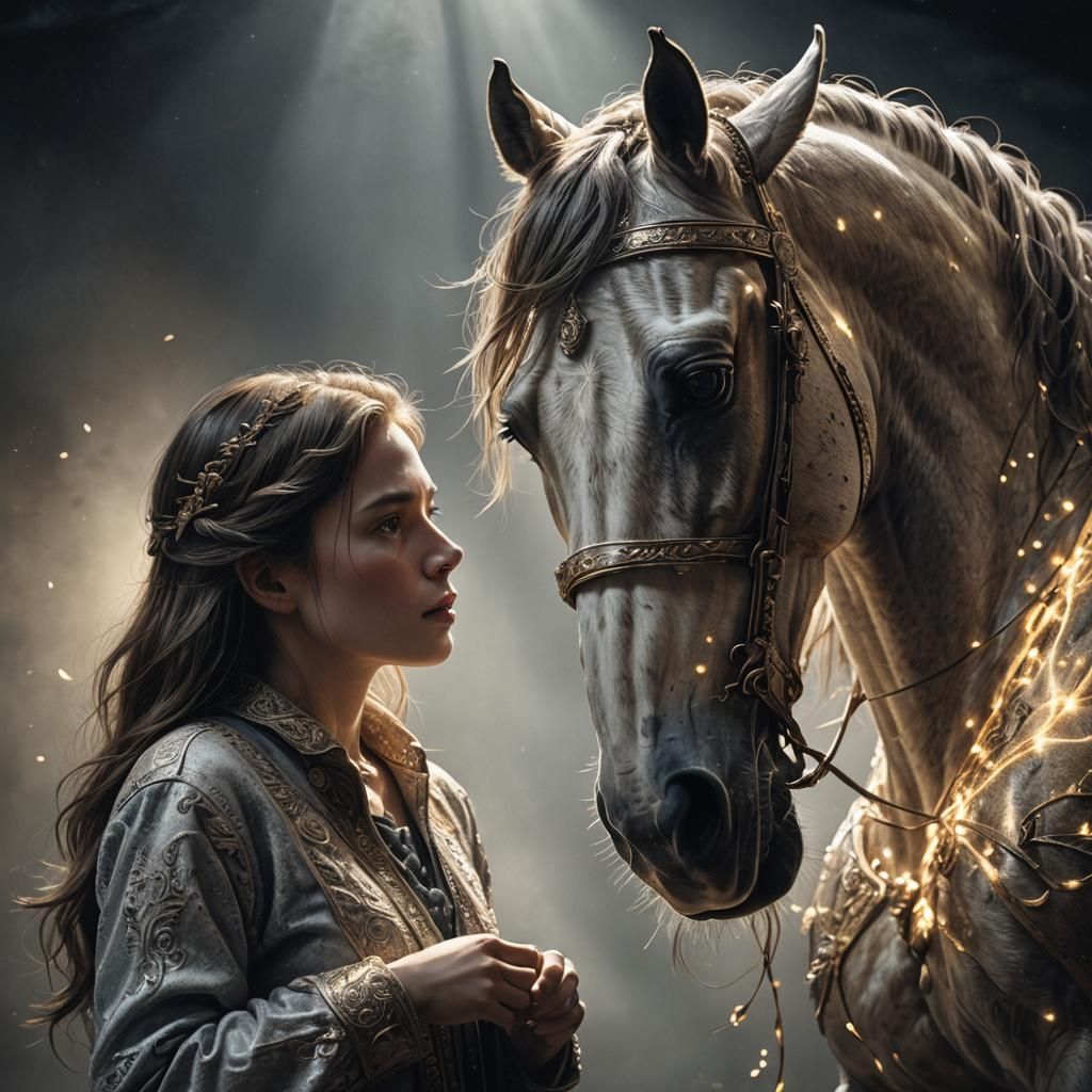 woman, mysterious horse light surrounding, hyper-detailed, highly detailed, insanely detailed, beautiful, ...  by @ZHenya