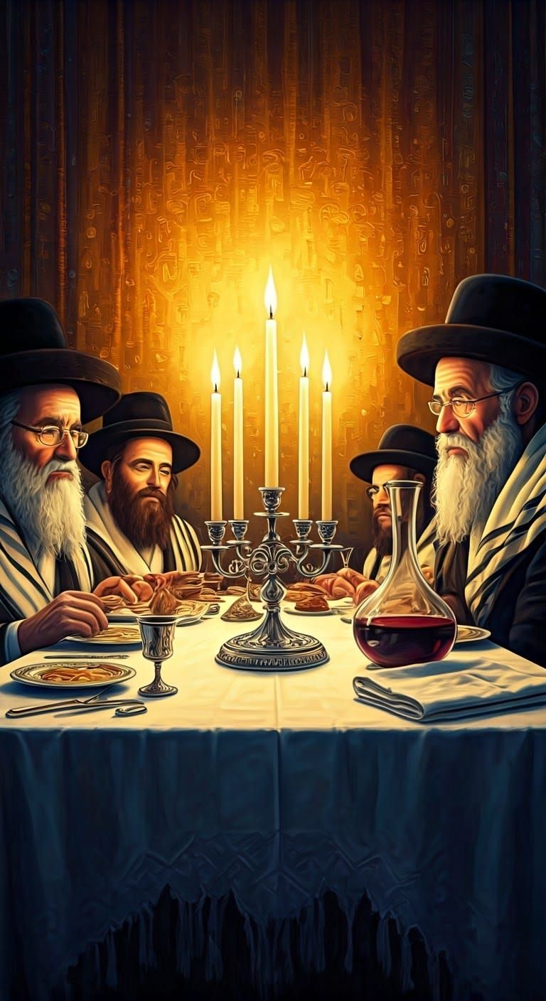 Traditional Shabbat Table Setting with Chasidic Men