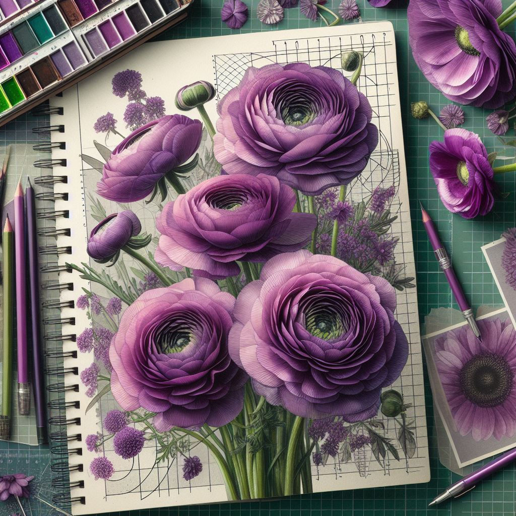 Botanical illustration of purple ranunculus