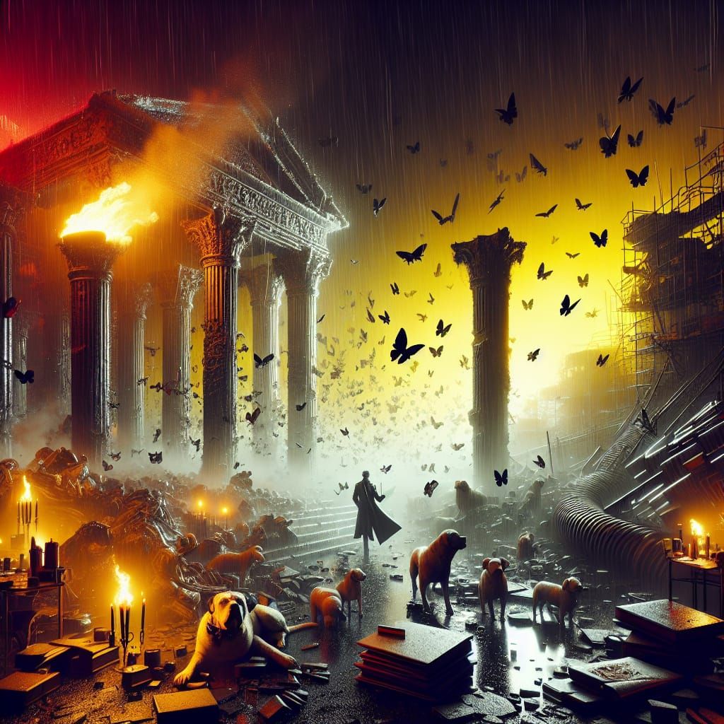 smoke. fire. building debris. giant torches. wireframe glasses